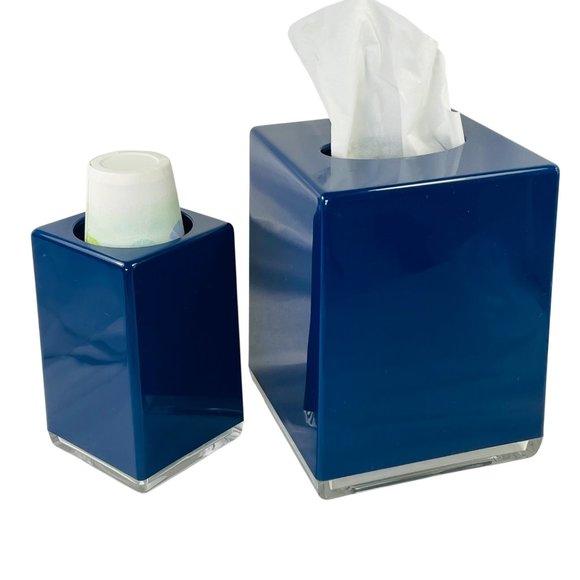 Vintage Oxford Lucite Cobalt Blue and Clear Tissue Box & Cup Holder Set - Picture 1 of 14